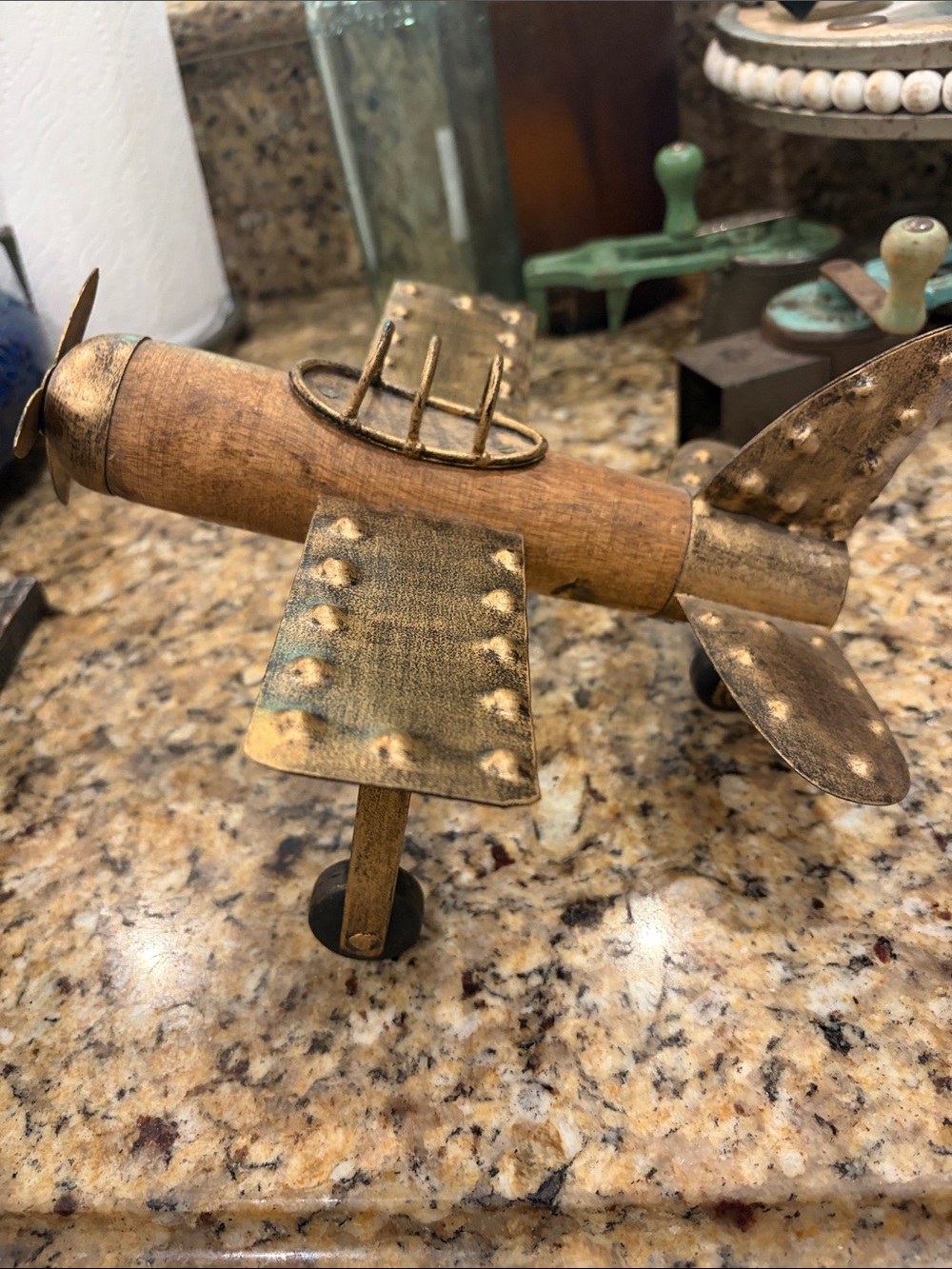 Vintage-Style Decorative Airplane in Distressed Gold and Wood